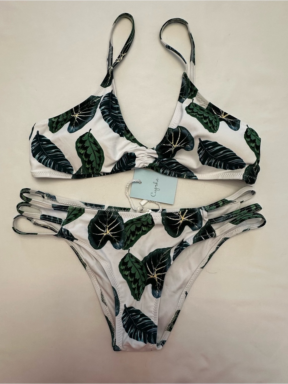 Cupshe Bikini, White with Dark Green Tropical Leaf Print Size M